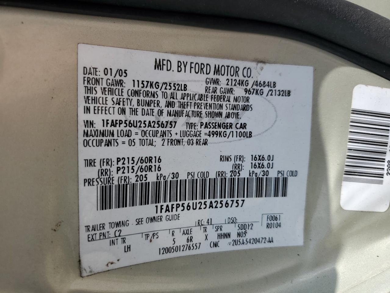 1FAFP56U25A256757 2005 Ford Taurus Sel