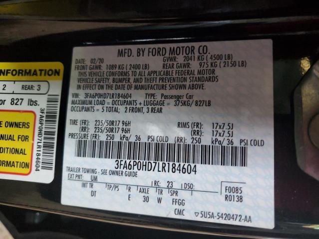 2020 Ford Fusion Se VIN: 3FA6P0HD7LR184604 Lot: 52692264