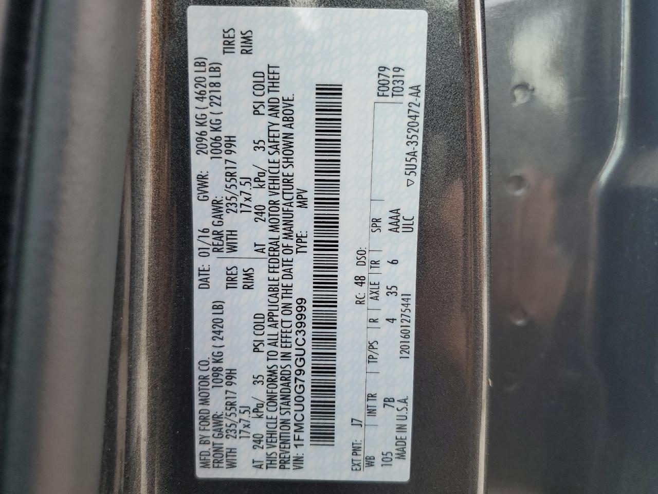 1FMCU0G79GUC39999 2016 Ford Escape Se