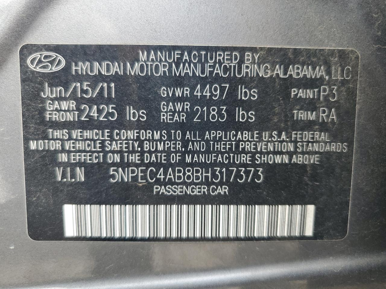 5NPEC4AB8BH317373 2011 Hyundai Sonata Se