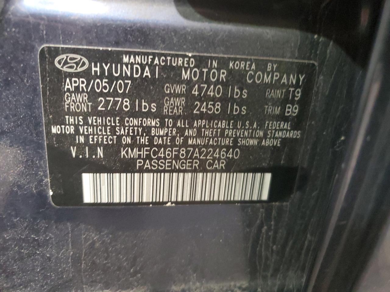 KMHFC46F87A224640 2007 Hyundai Azera Se