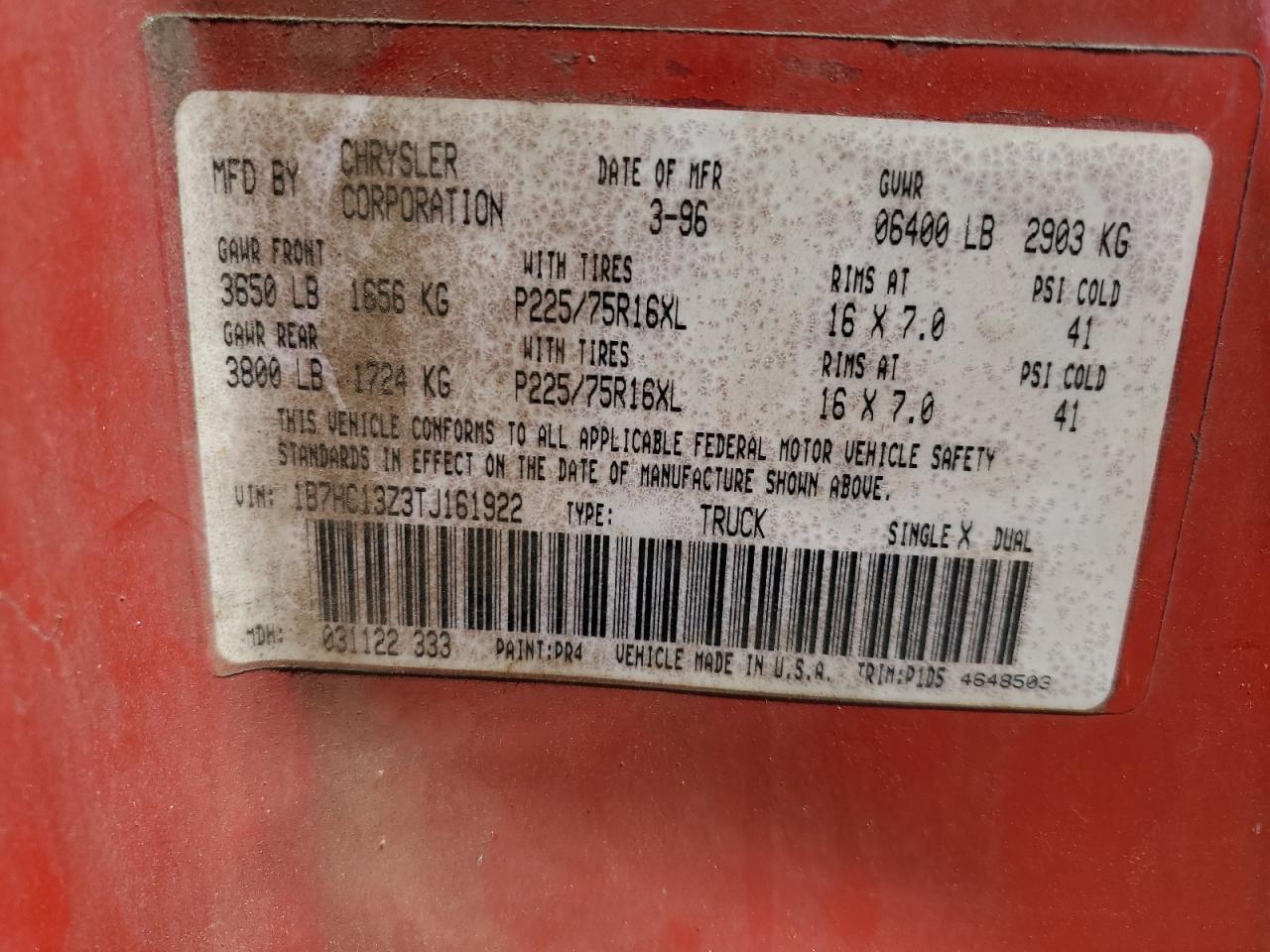 1B7HC13Z3TJ161922 1996 Dodge Ram 1500