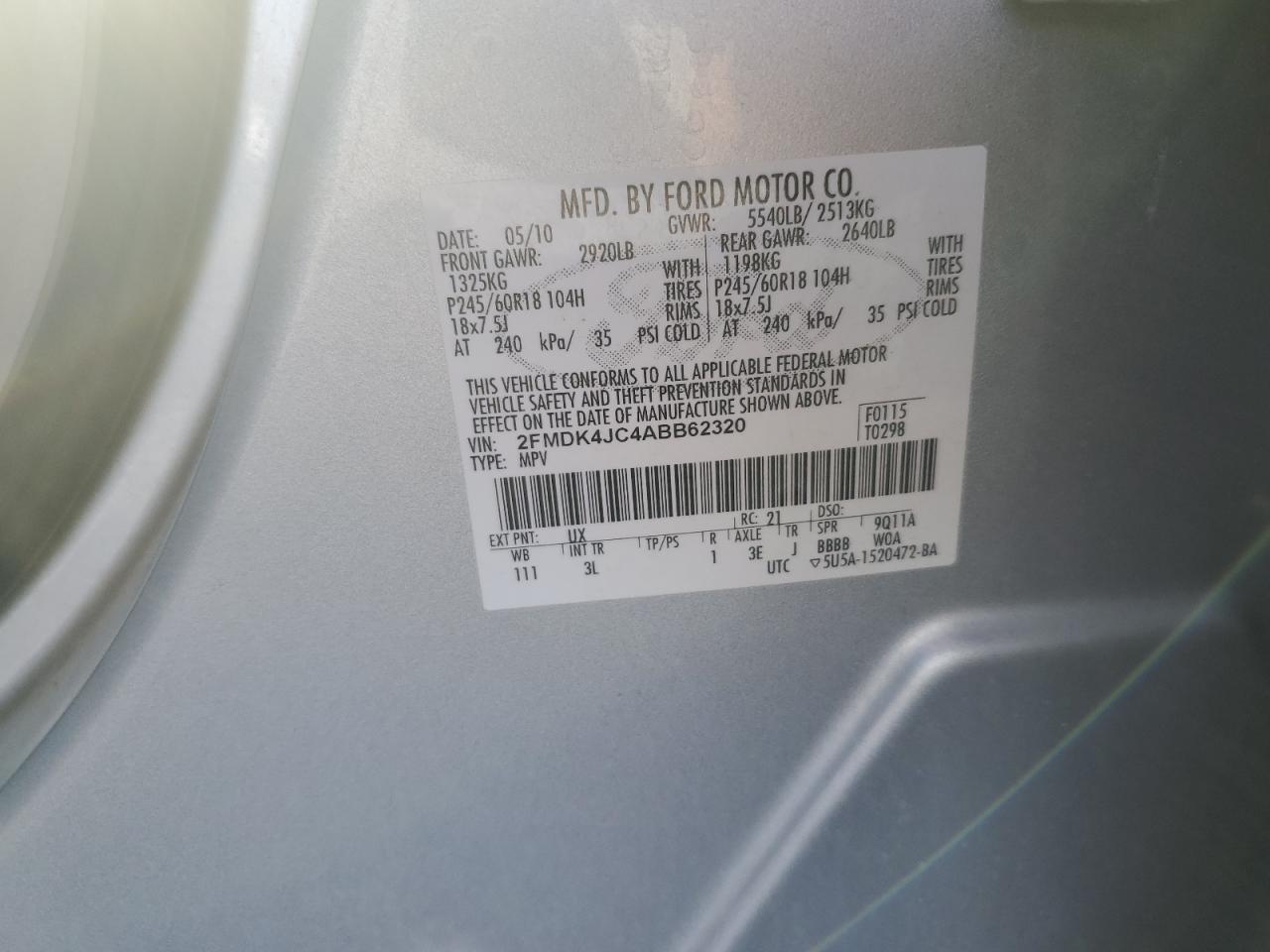 2FMDK4JC4ABB62320 2010 Ford Edge Sel