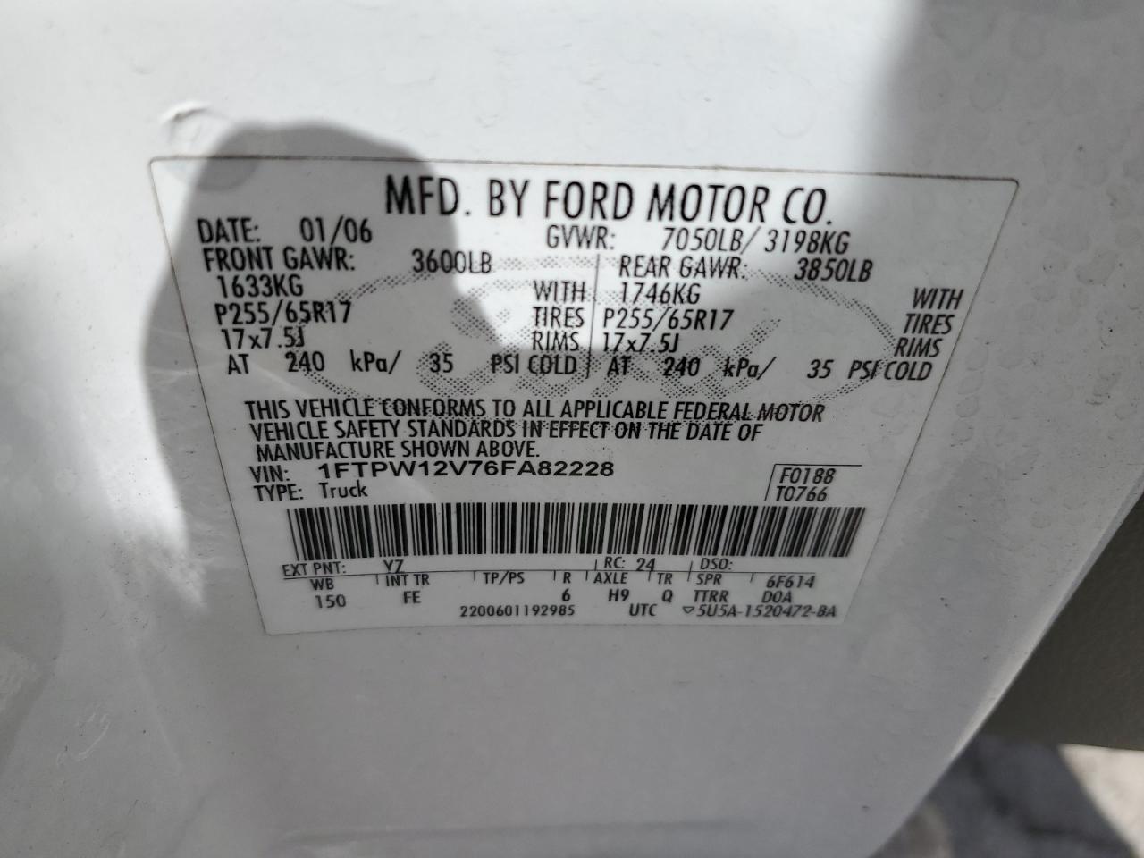 1FTPW12V76FA82228 2006 Ford F150 Supercrew