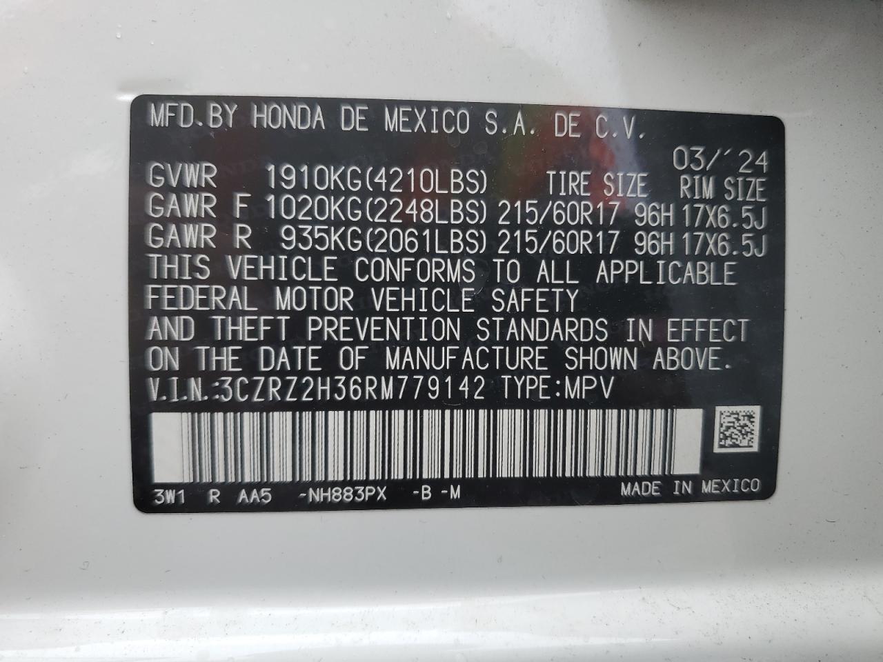 3CZRZ2H36RM779142 2024 Honda Hr-V Lx