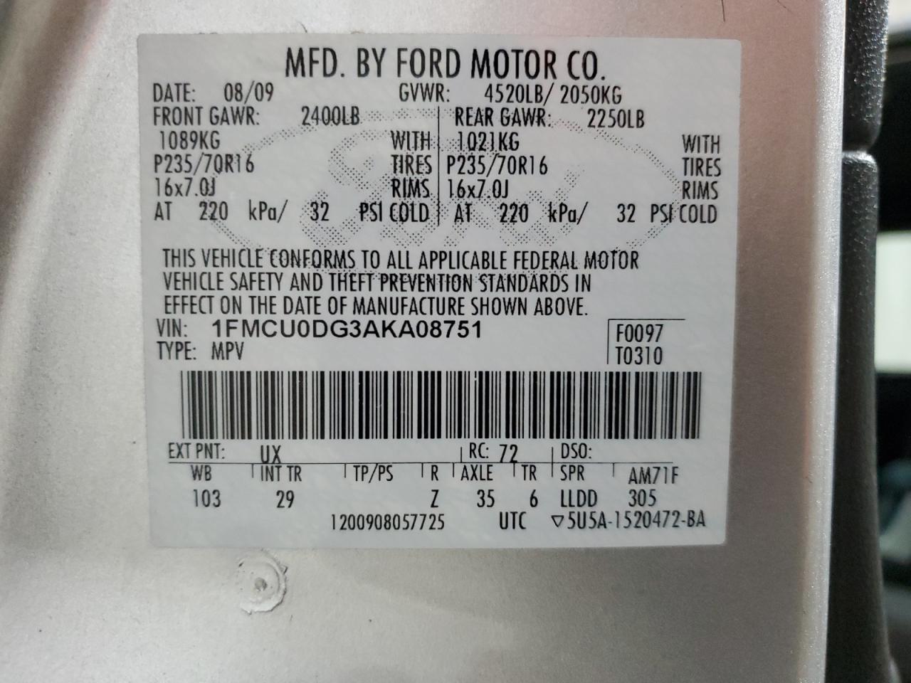 1FMCU0DG3AKA08751 2010 Ford Escape Xlt