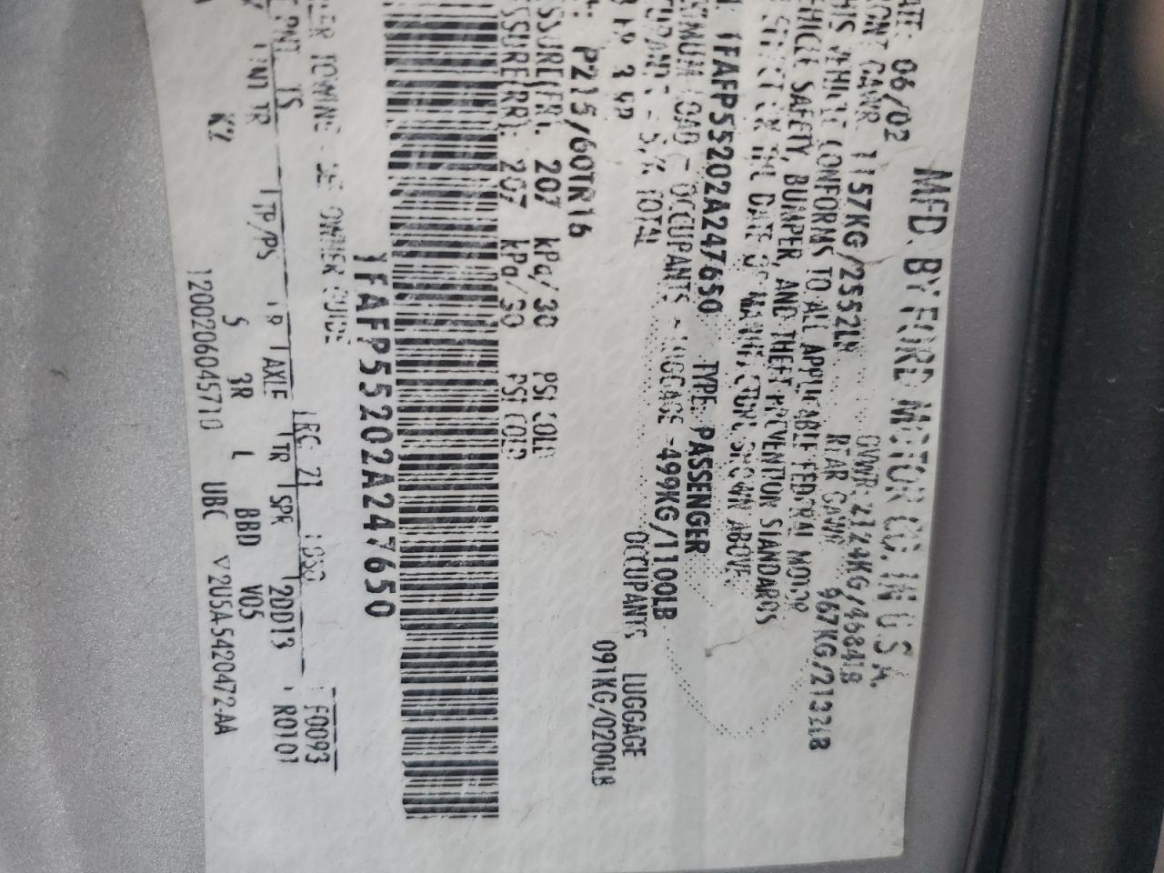 1FAFP55202A247650 2002 Ford Taurus Ses