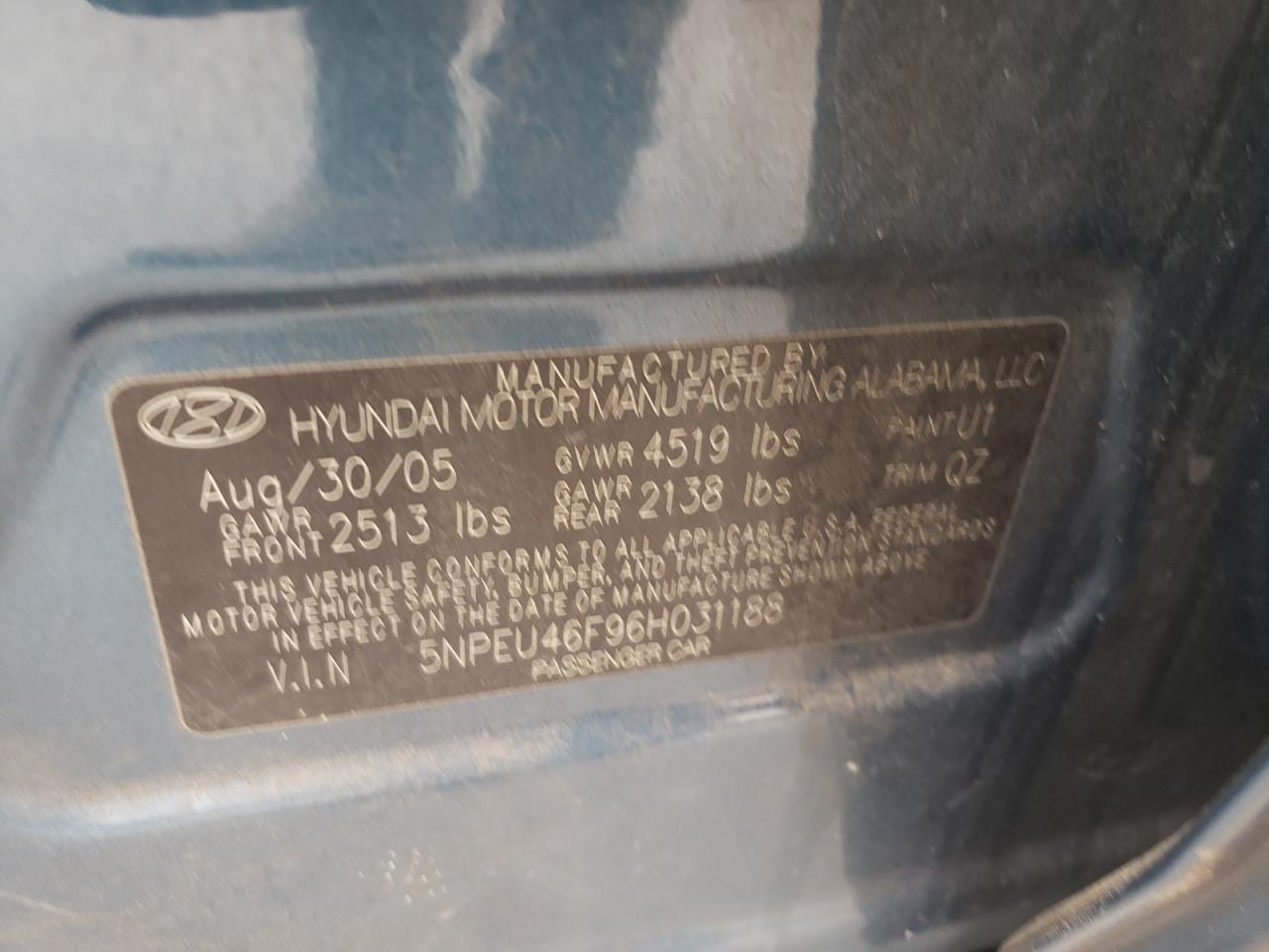 5NPEU46F96H031188 2006 Hyundai Sonata Gls