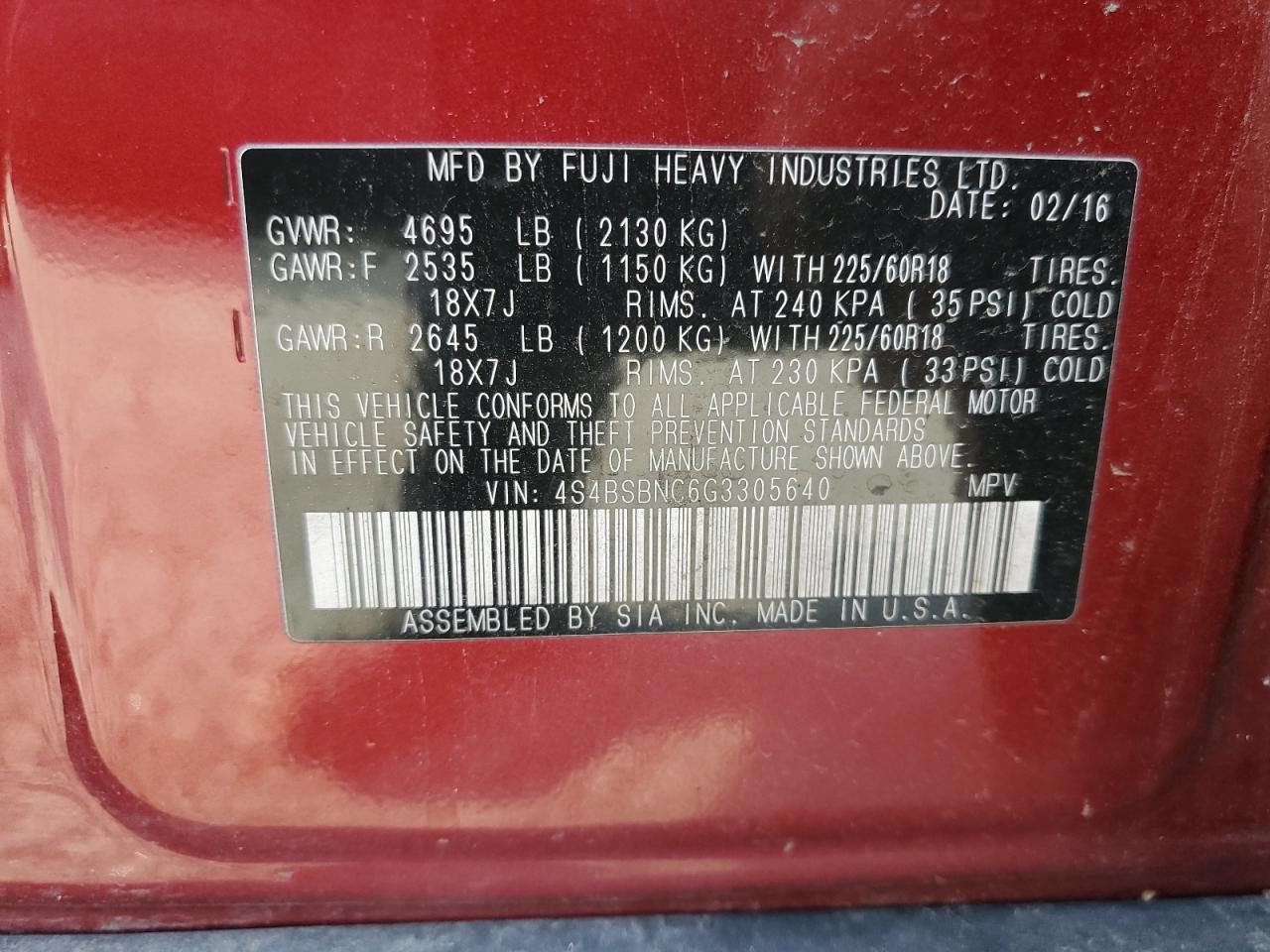 4S4BSBNC6G3305640 2016 Subaru Outback 2.5I Limited