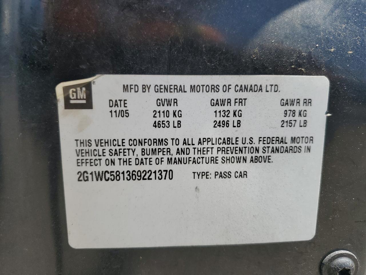 2G1WC581369221370 2006 Chevrolet Impala Lt