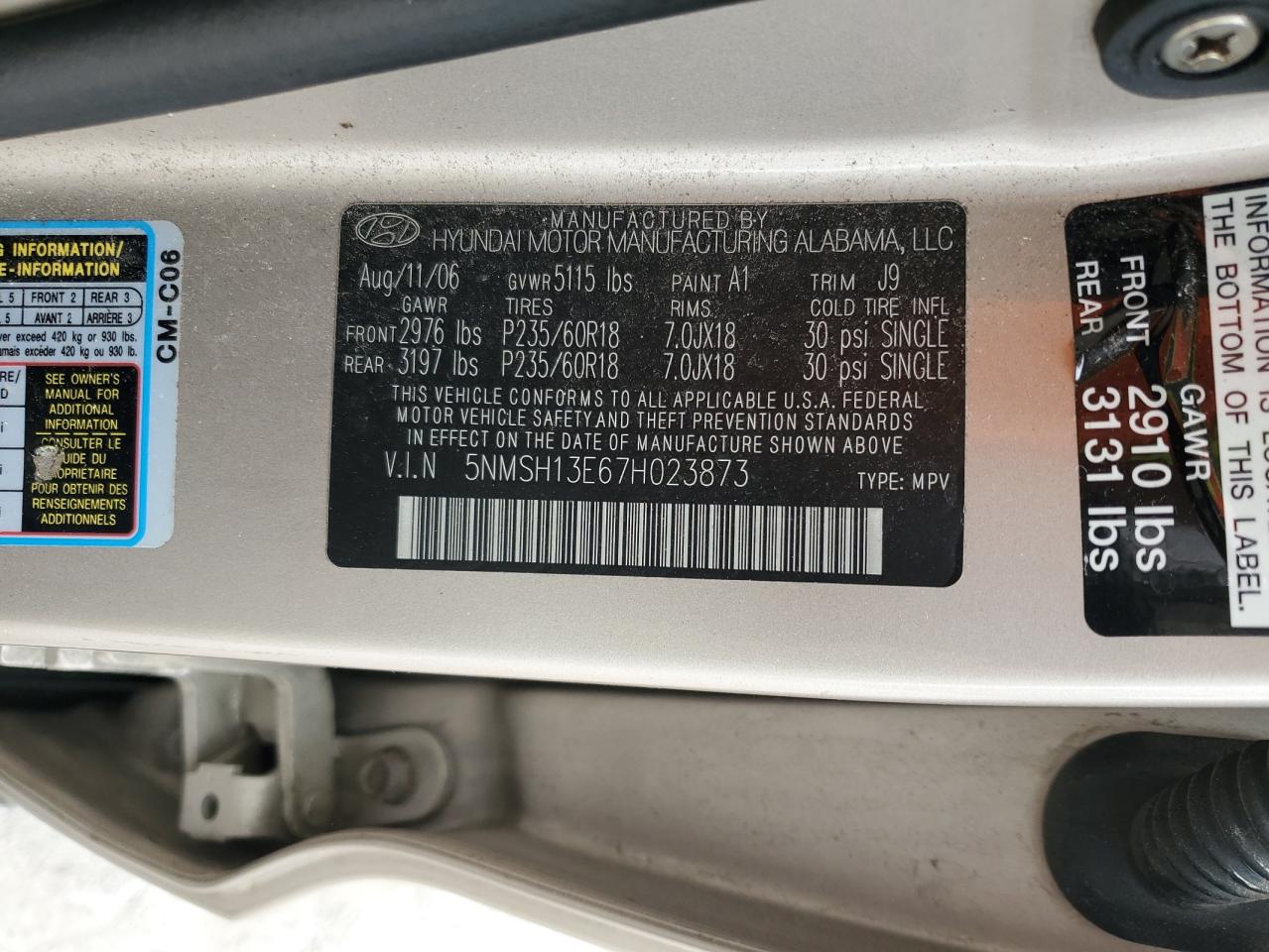 5NMSH13E67H023873 2007 Hyundai Santa Fe Se