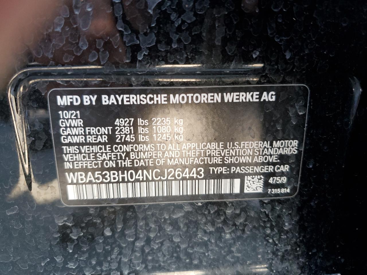 WBA53BH04NCJ26443 2022 BMW 530 I