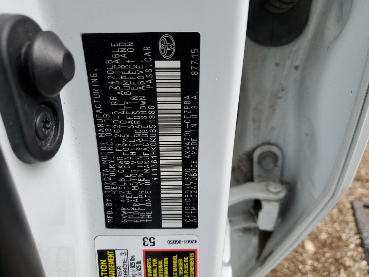 4T1B61HK0KU851886 2019 Toyota Camry Xse