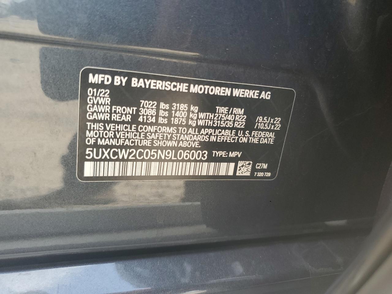 5UXCW2C05N9L06003 2022 BMW X7 xDrive40I