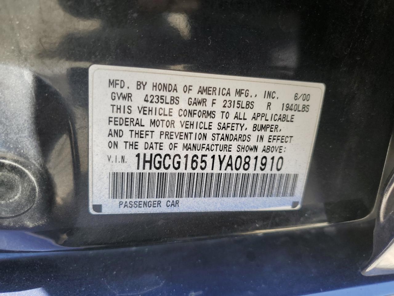 1HGCG1651YA081910 2000 Honda Accord Ex