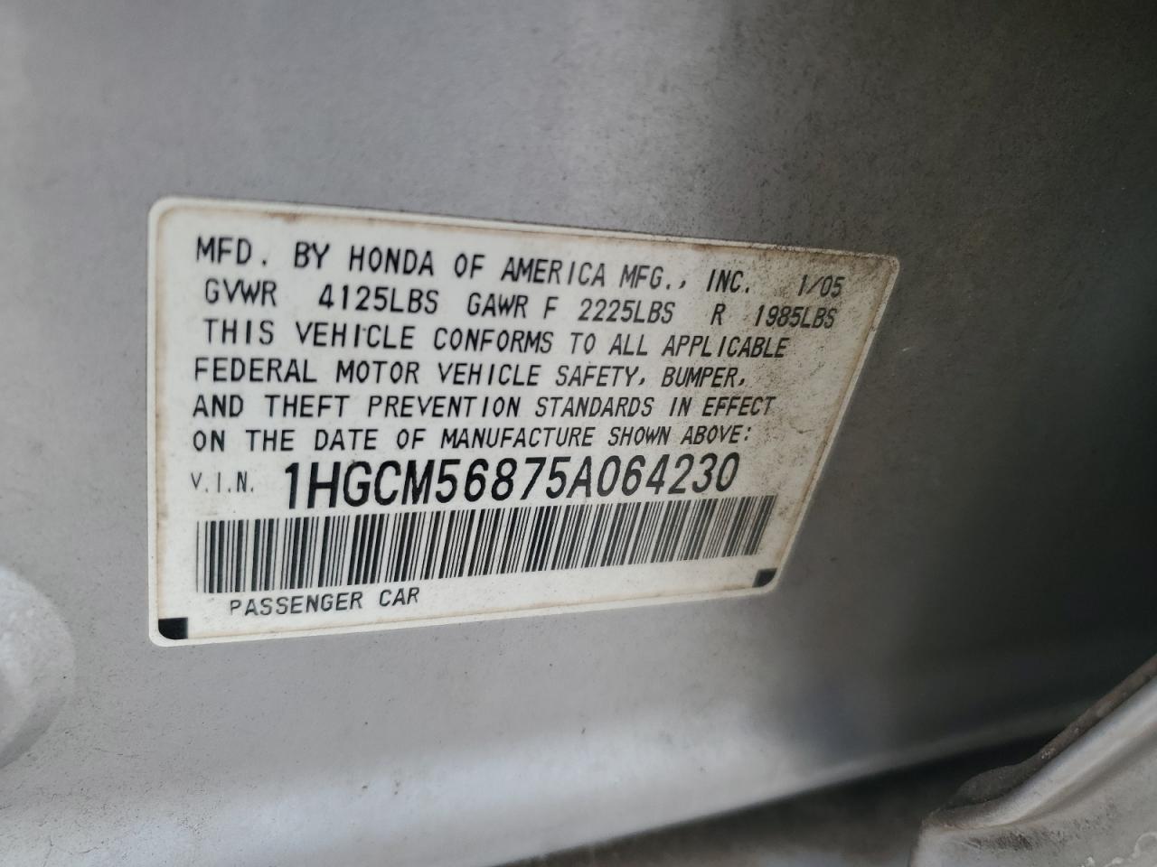 1HGCM56875A064230 2005 Honda Accord Ex