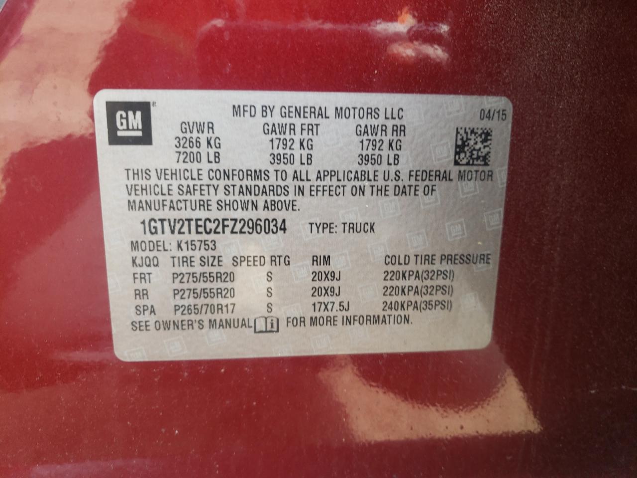 1GTV2TEC2FZ296034 2015 GMC Sierra K1500