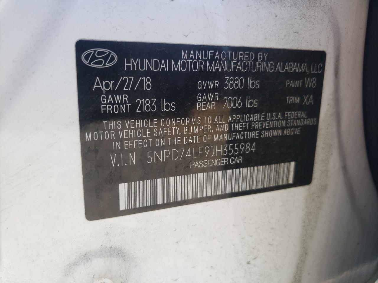 5NPD74LF9JH355984 2018 Hyundai Elantra Se