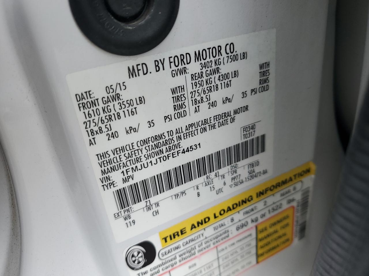 1FMJU1JT0FEF44531 2015 Ford Expedition Xlt