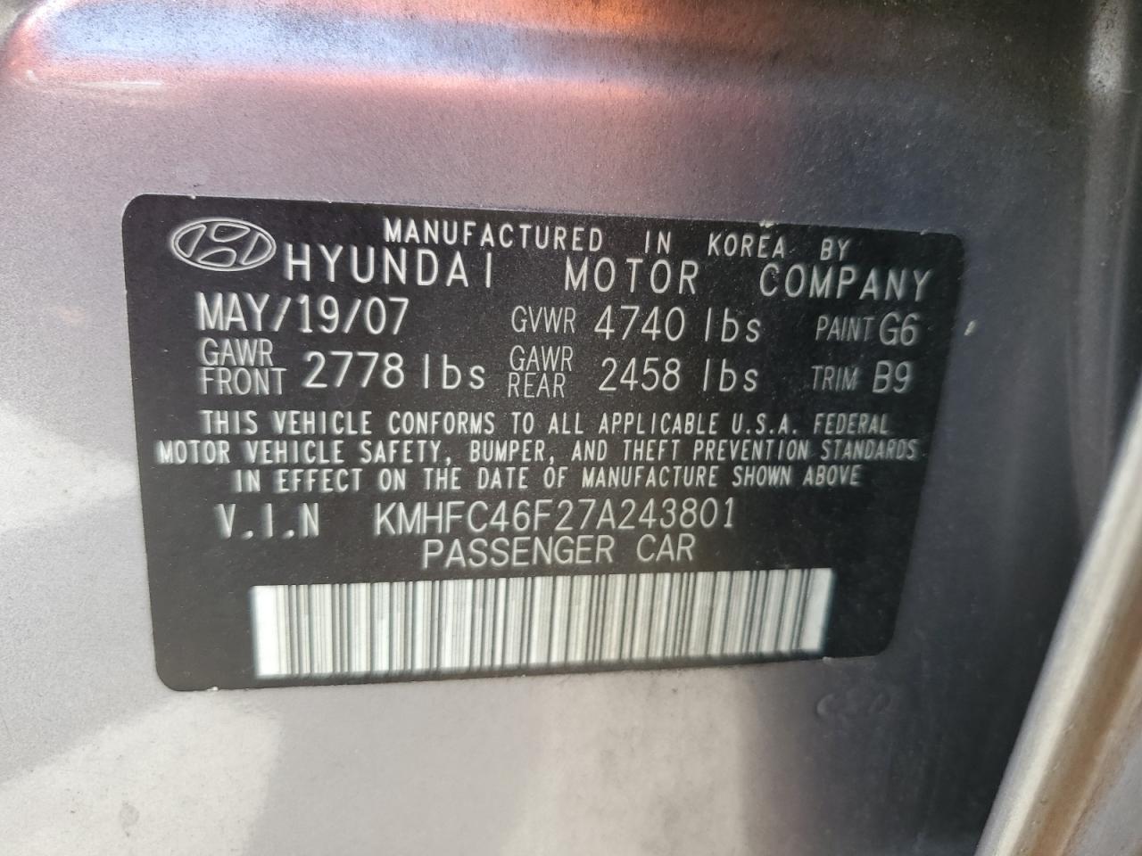 KMHFC46F27A243801 2007 Hyundai Azera Se