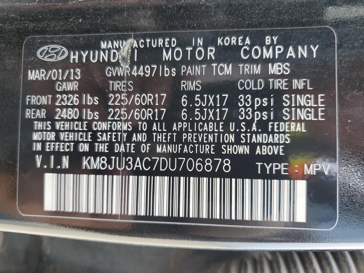 KM8JU3AC7DU706878 2013 Hyundai Tucson Gls