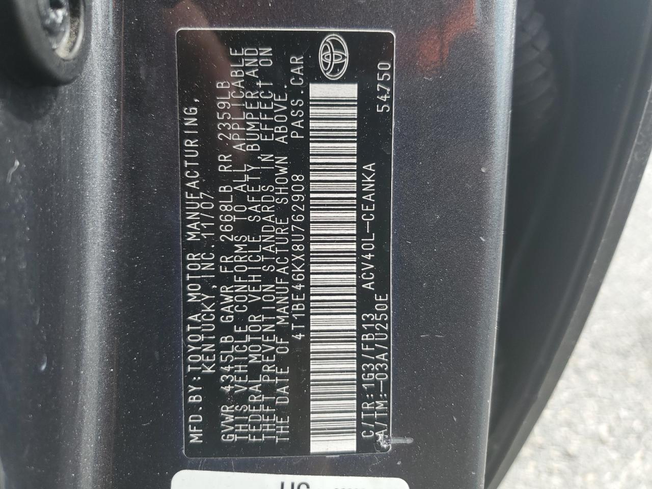 4T1BE46KX8U762908 2008 Toyota Camry Ce