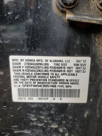 2012 Honda Pilot Exl VIN: 5FNYF4H54CB051466 Lot: 54431754