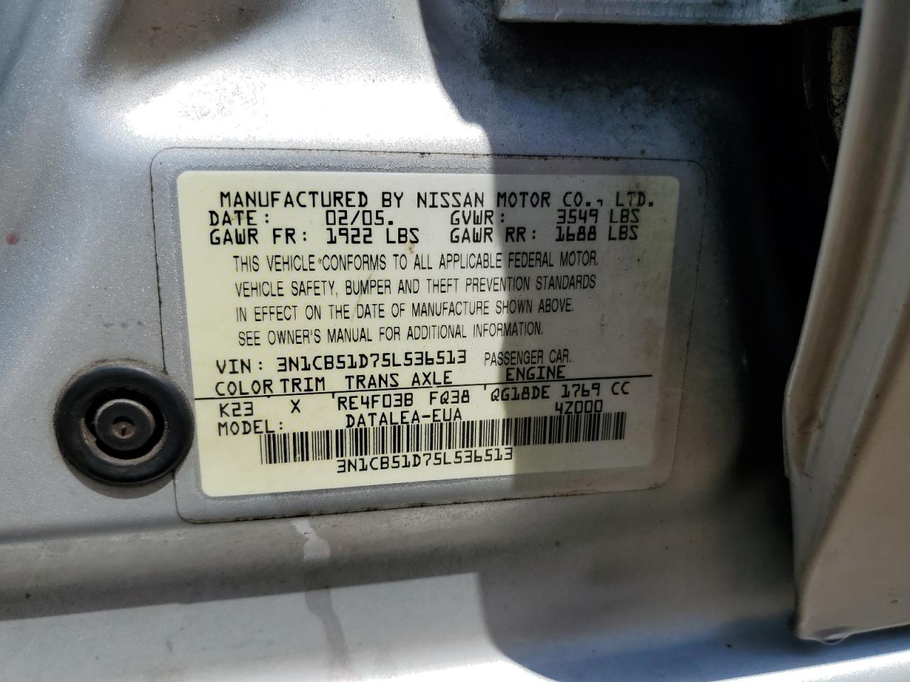 3N1CB51D75L536513 2005 Nissan Sentra 1.8