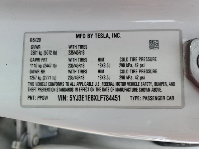 2020 Tesla Model 3 VIN: 5YJ3E1EBXLF784451 Lot: 55186504