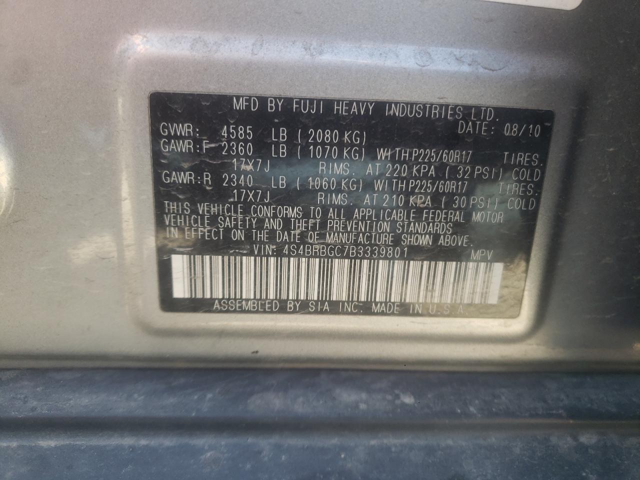 4S4BRBGC7B3339801 2011 Subaru Outback 2.5I Premium