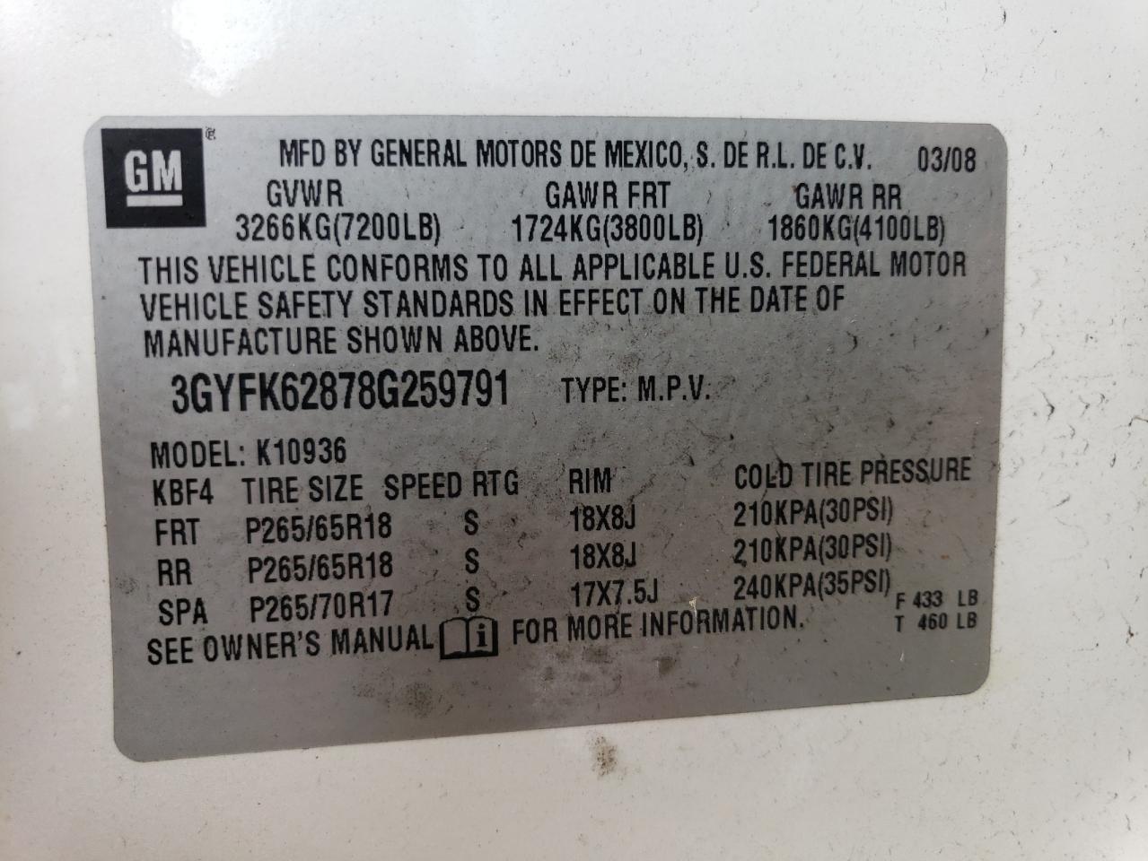 3GYFK62878G259791 2008 Cadillac Escalade Ext