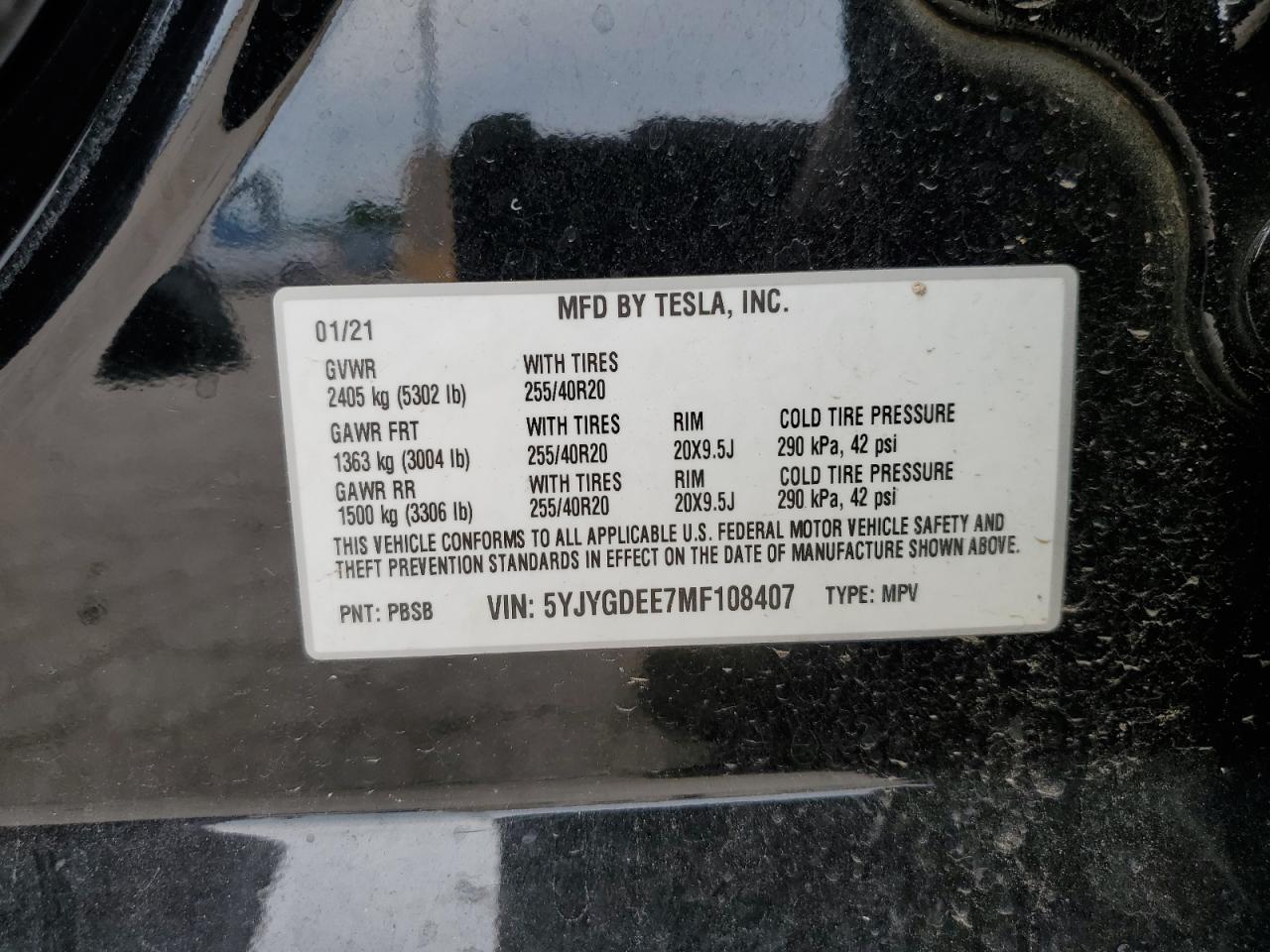 5YJYGDEE7MF108407 2021 Tesla Model Y