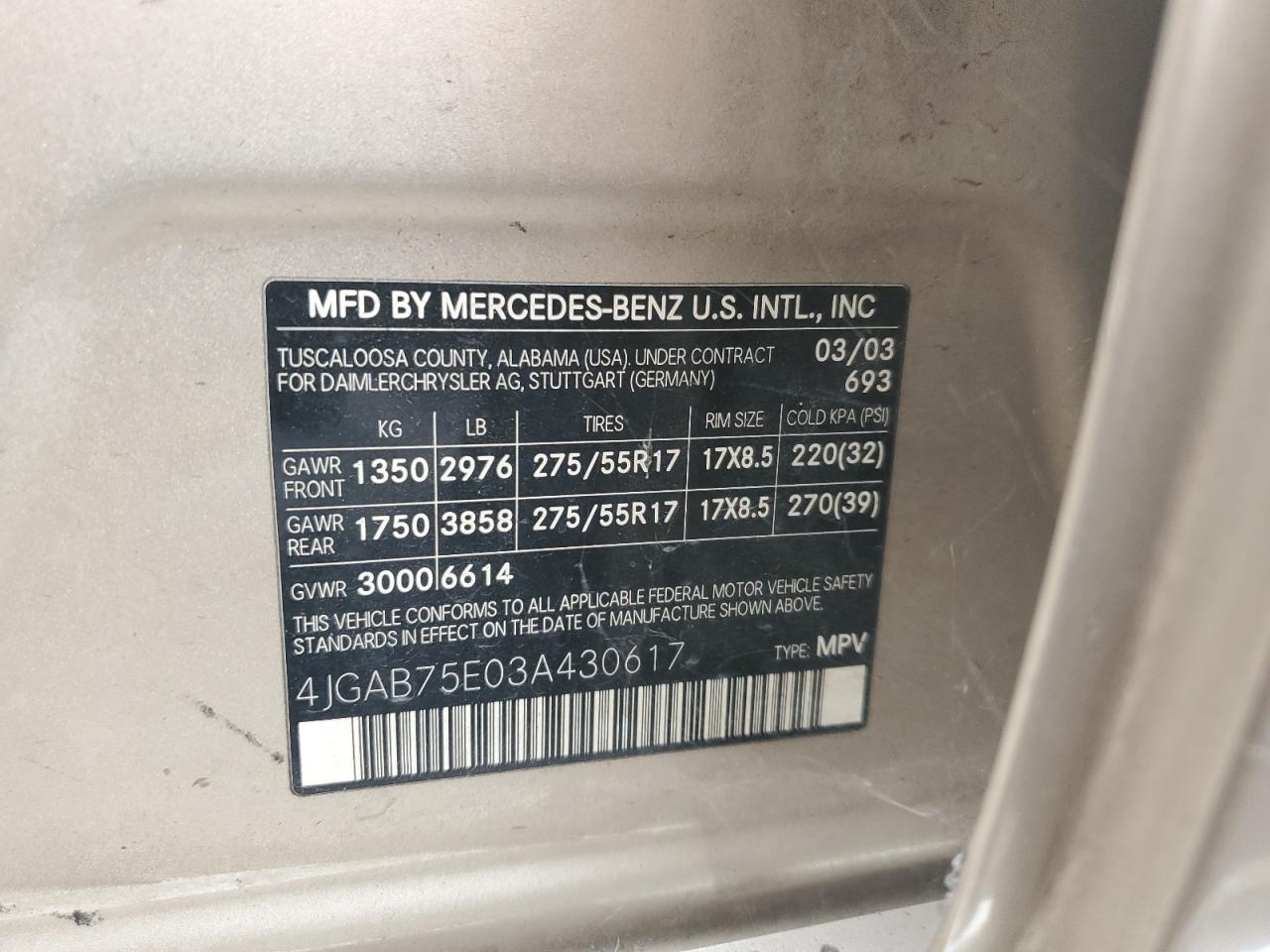 4JGAB75E03A430617 2003 Mercedes-Benz Ml 500