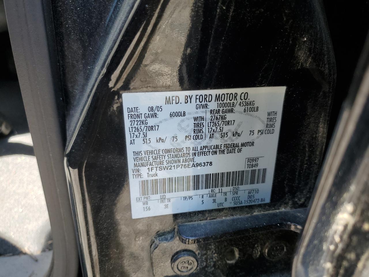 1FTSW21P76EA96378 2006 Ford F250 Super Duty