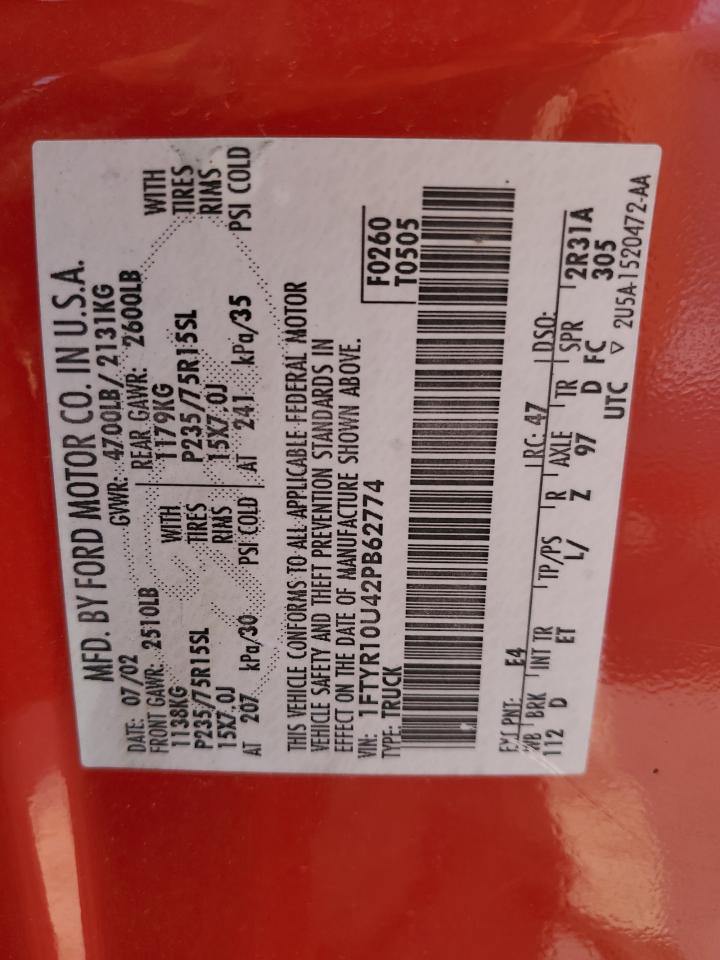 1FTYR10U42PB62774 2002 Ford Ranger