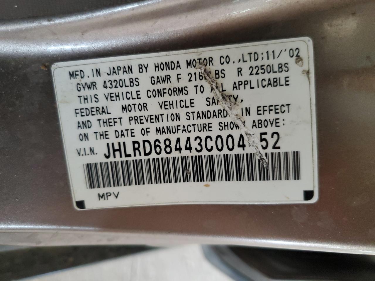 JHLRD68443C004452 2003 Honda Cr-V Lx