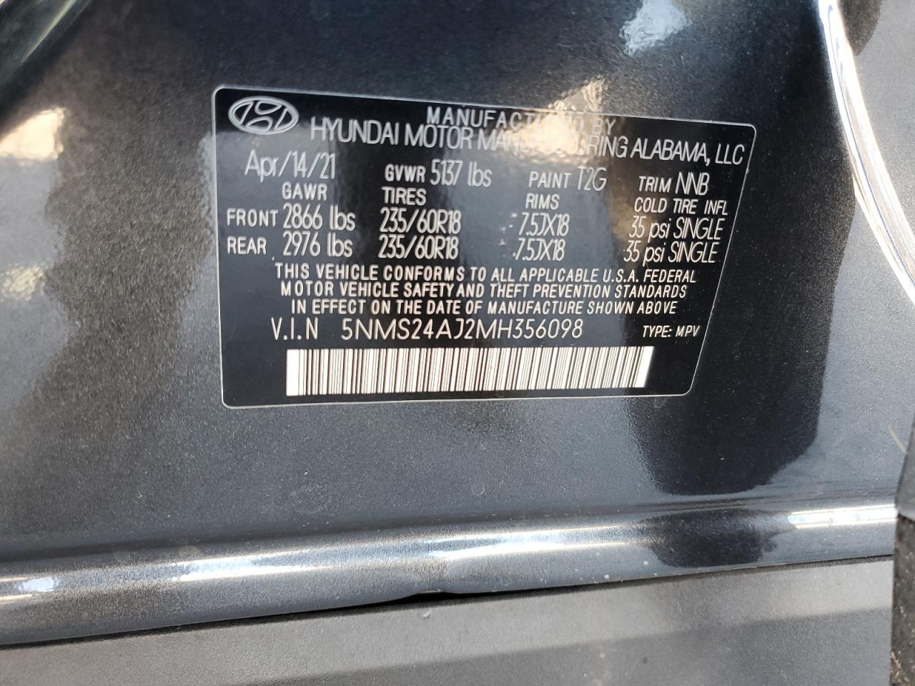 5NMS24AJ2MH356098 2021 Hyundai Santa Fe Sel