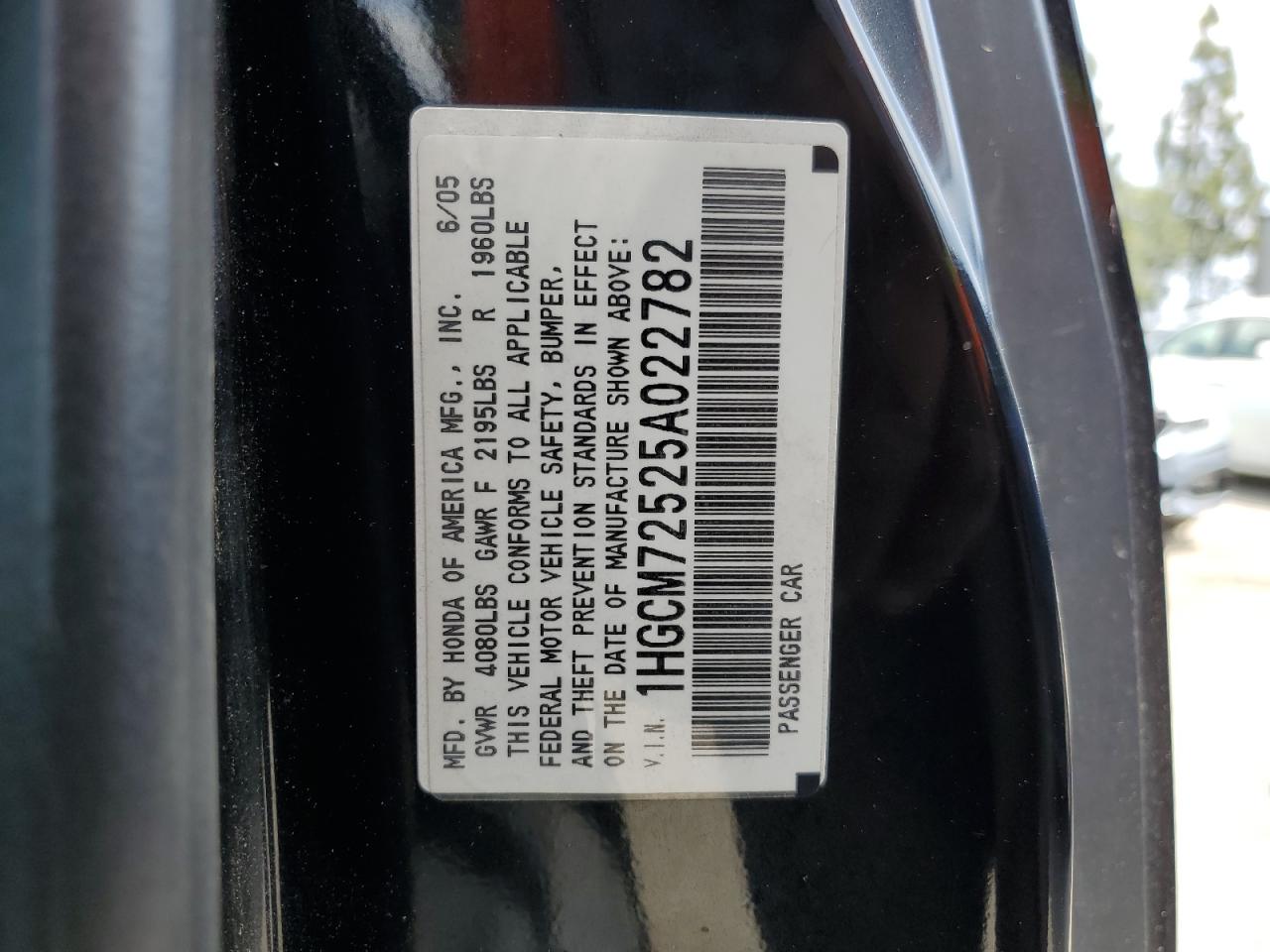 1HGCM72525A022782 2005 Honda Accord Lx