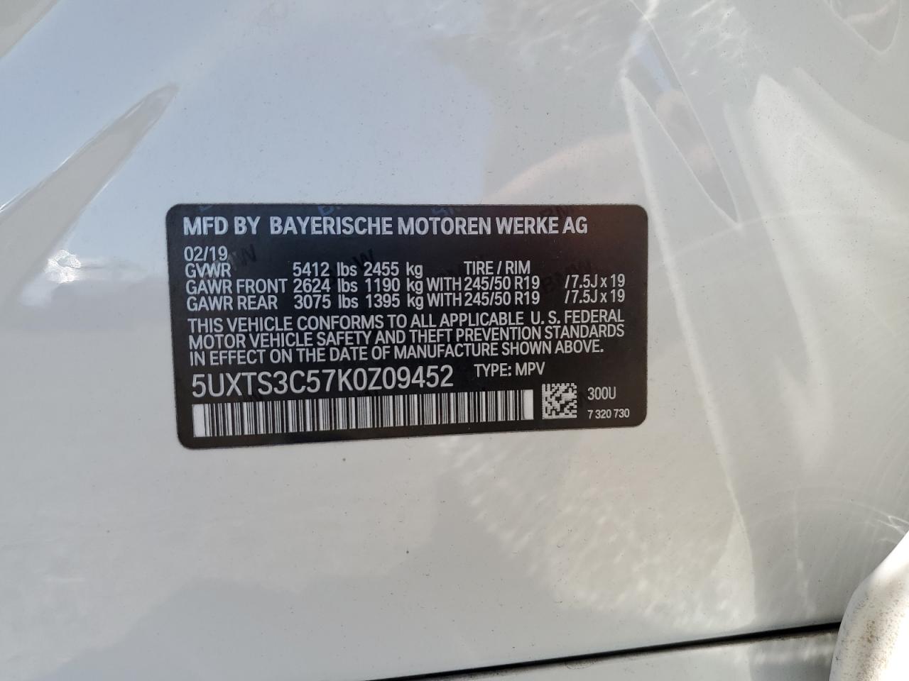 5UXTS3C57K0Z09452 2019 BMW X3 xDrivem40I