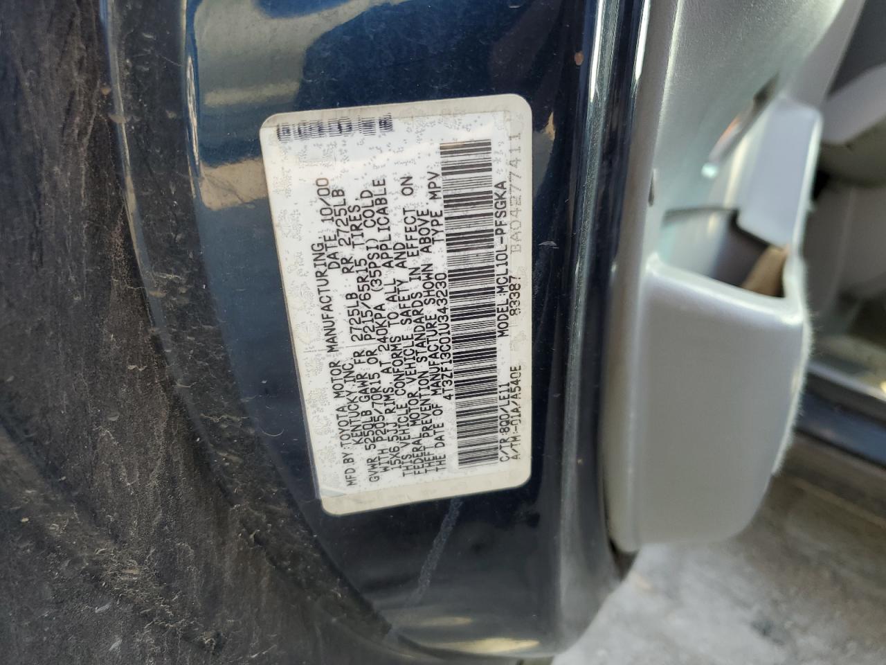 4T3ZF13C01U343230 2001 Toyota Sienna Le