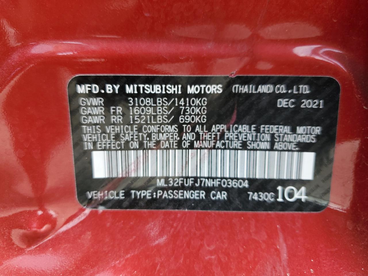 ML32FUFJ7NHF03604 2022 Mitsubishi Mirage G4 Es