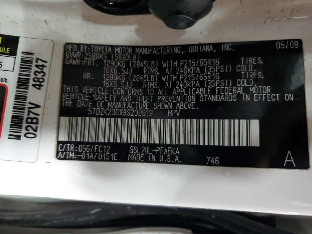 2008 Toyota Sienna Ce VIN: 5TDZK23CX8S209919 Lot: 53606074