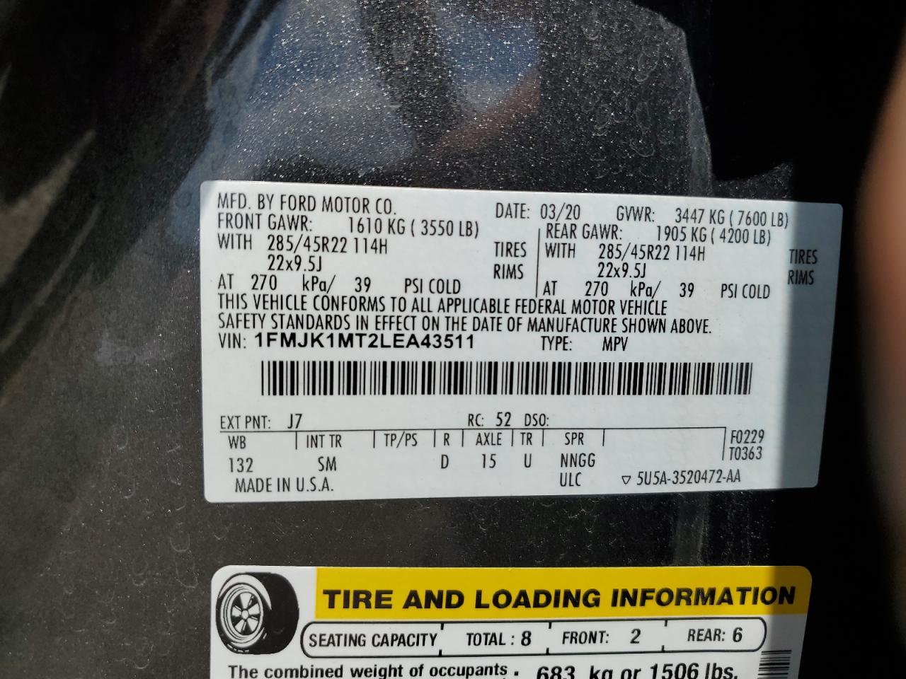 1FMJK1MT2LEA43511 2020 Ford Expedition Max Platinum