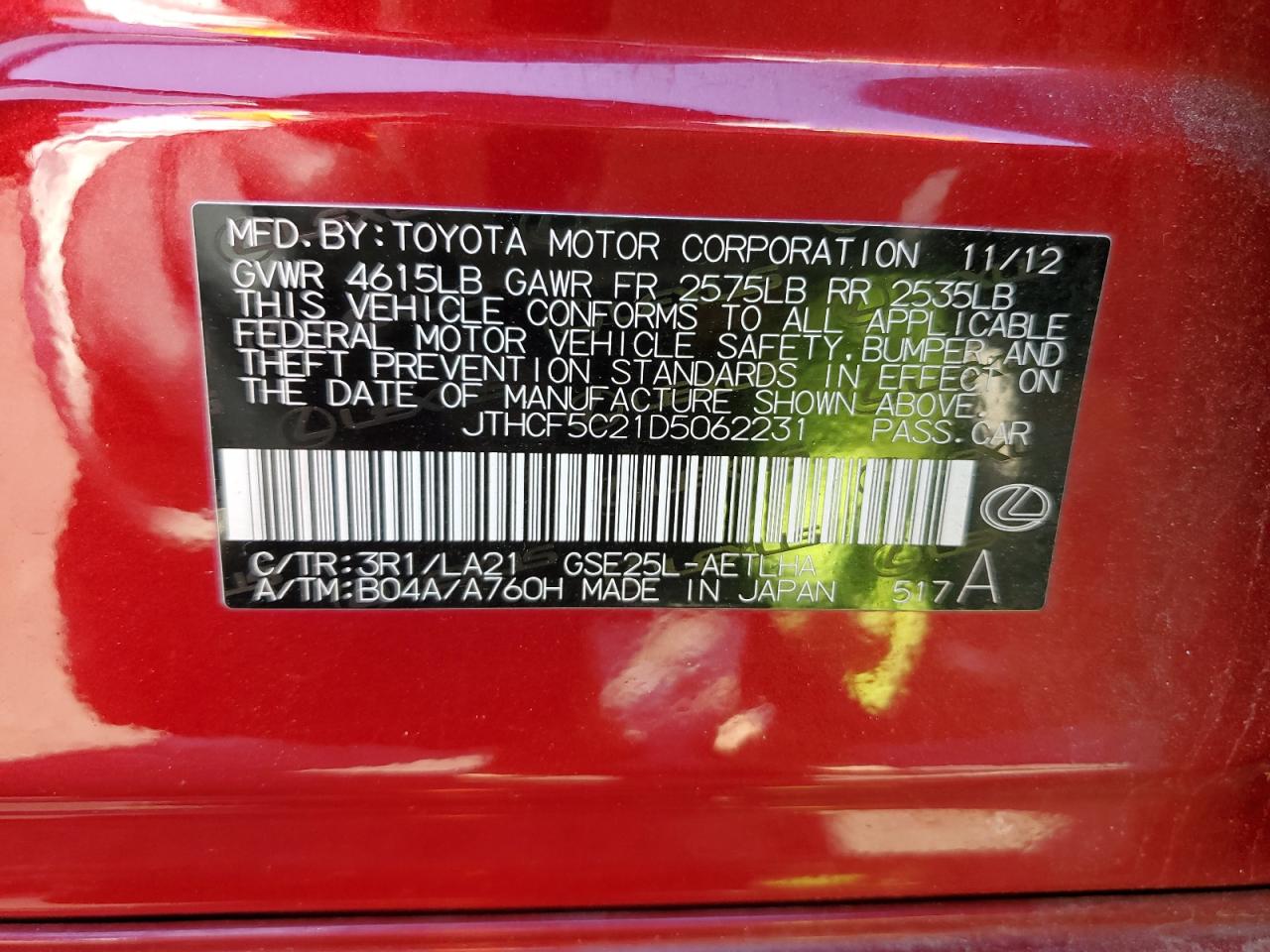 JTHCF5C21D5062231 2013 Lexus Is 250