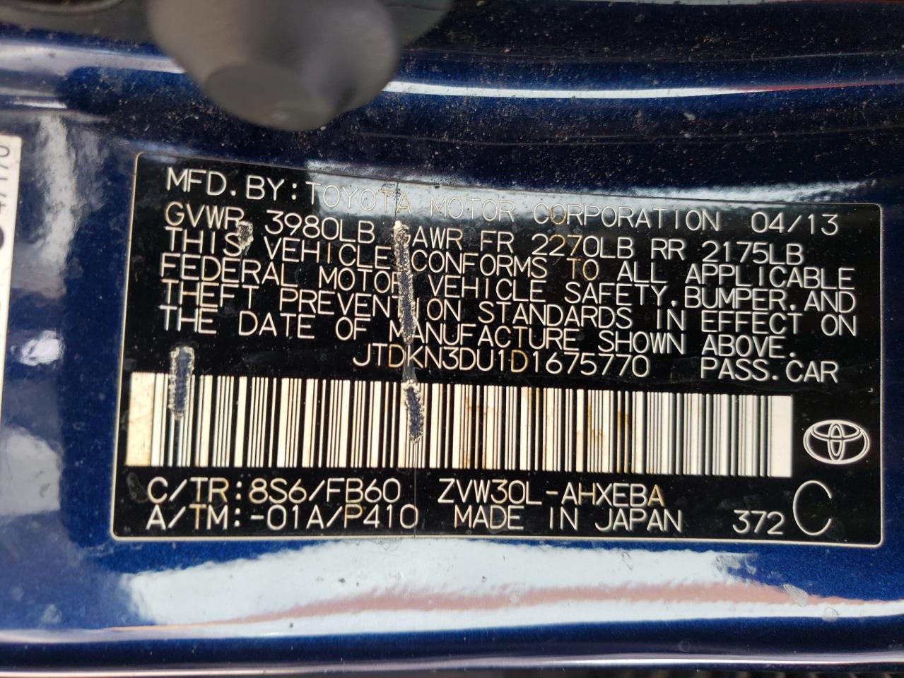 JTDKN3DU1D1675770 2013 Toyota Prius