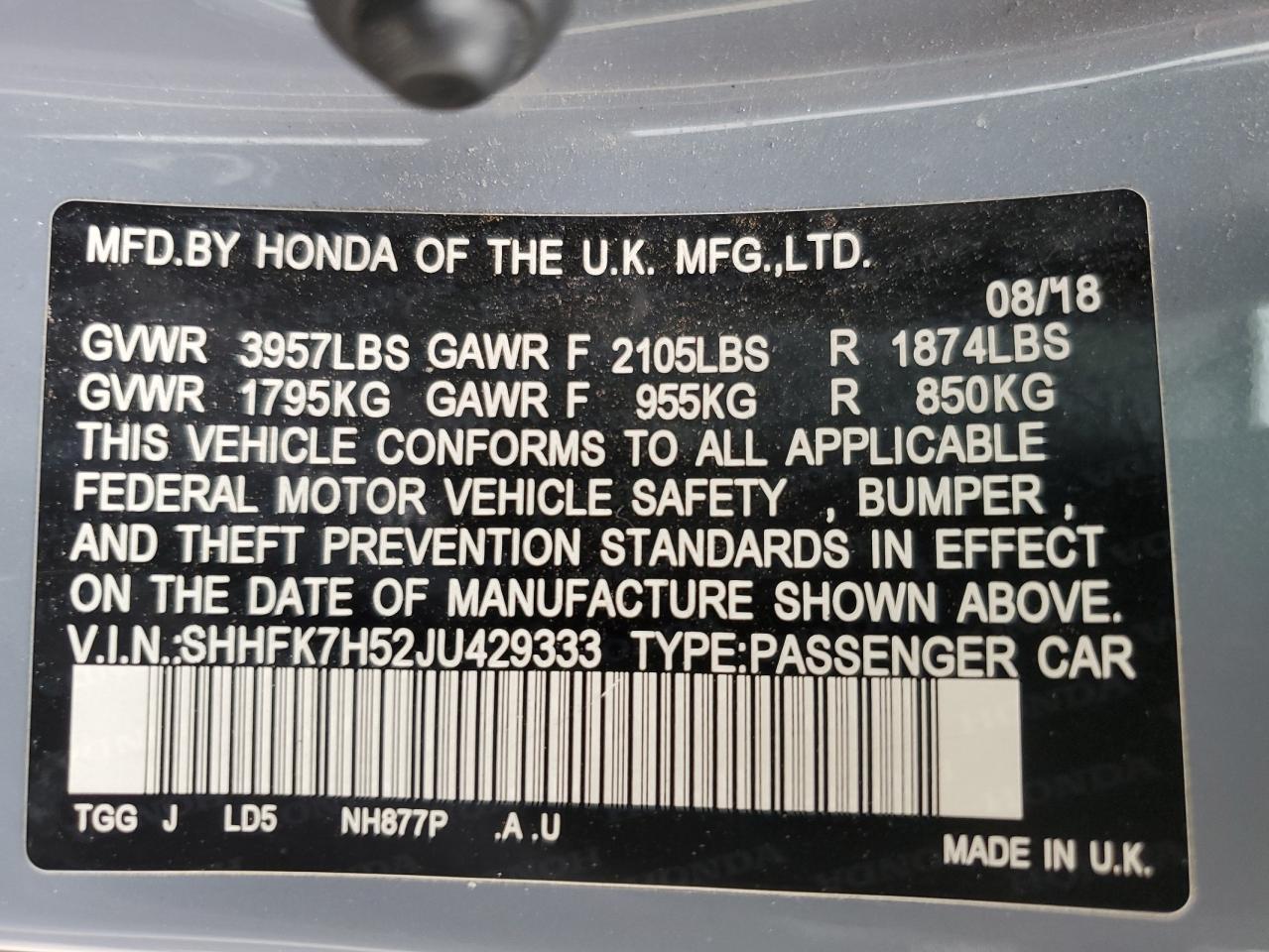 SHHFK7H52JU429333 2018 Honda Civic Ex