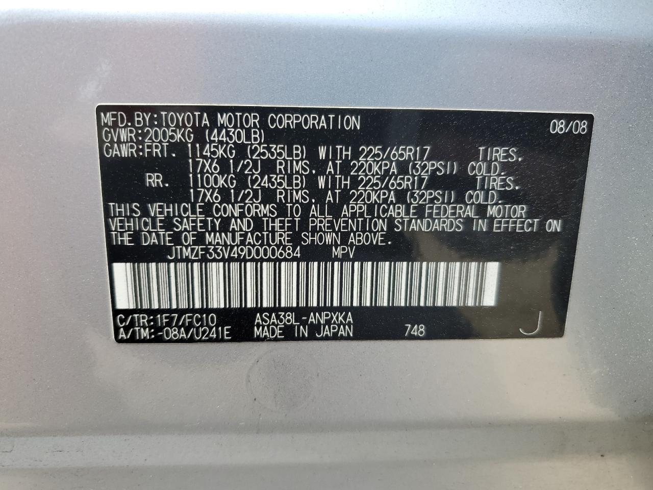 JTMZF33V49D000684 2009 Toyota Rav4