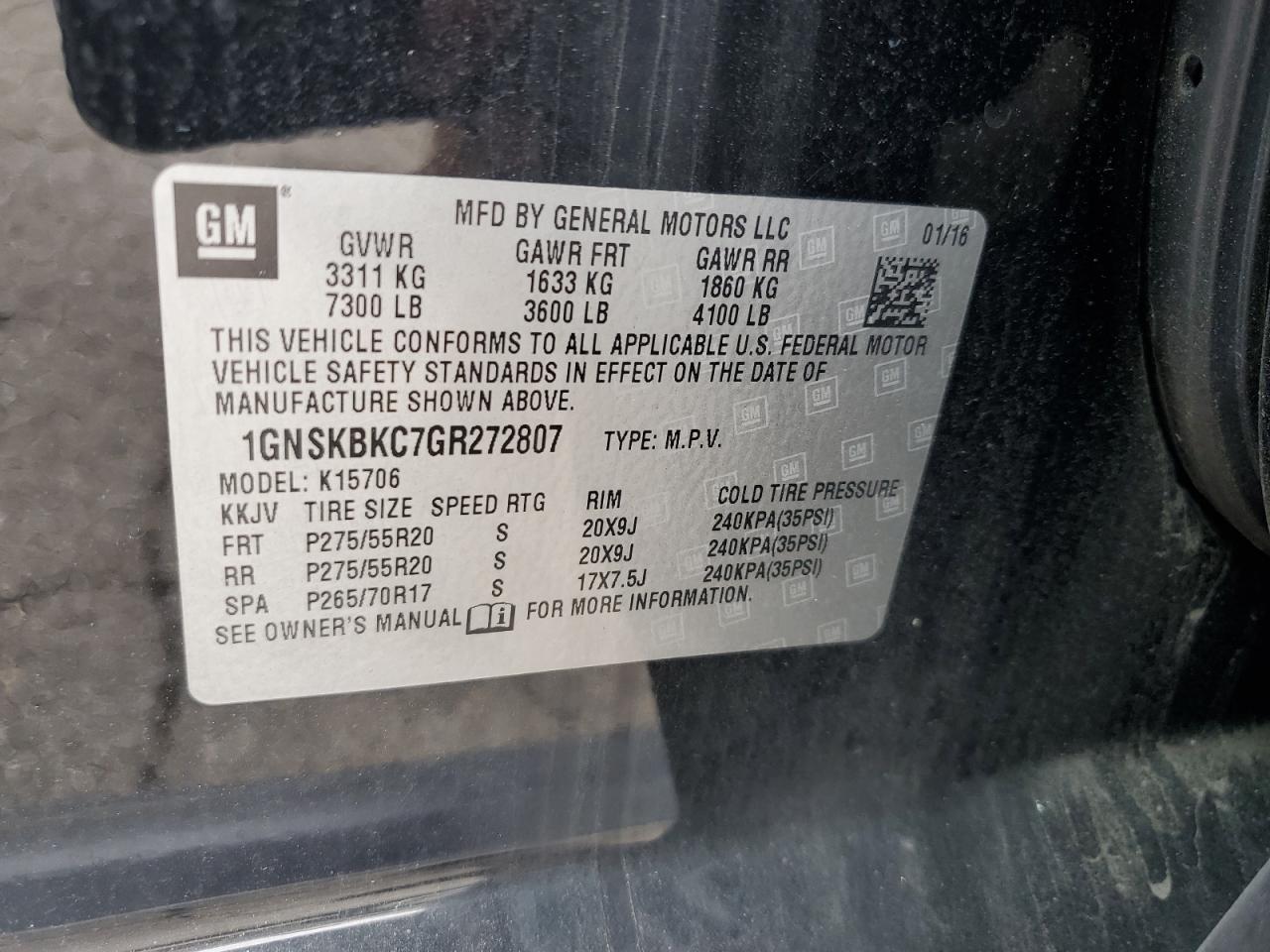 1GNSKBKC7GR272807 2016 Chevrolet Tahoe K1500 Lt