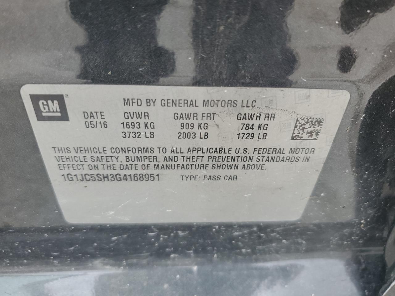 1G1JC5SH3G4168951 2016 Chevrolet Sonic Lt