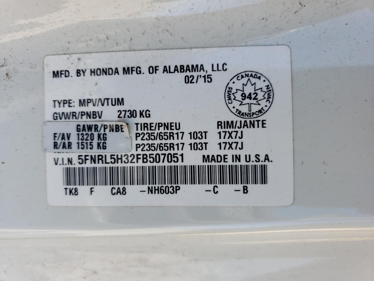 5FNRL5H32FB507051 2015 Honda Odyssey Se